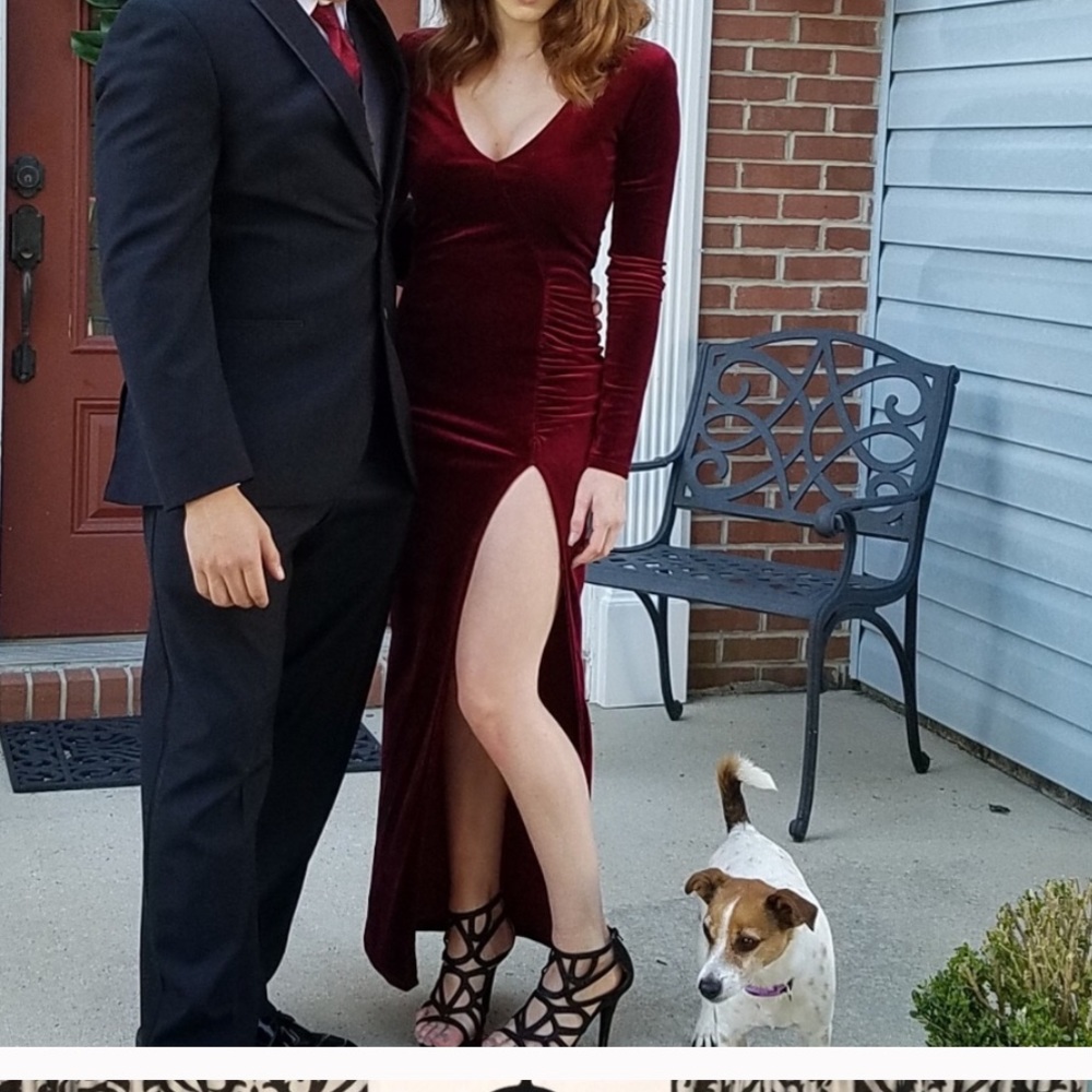 Deep V Floor Length Dark Red Velvet Formal Dress